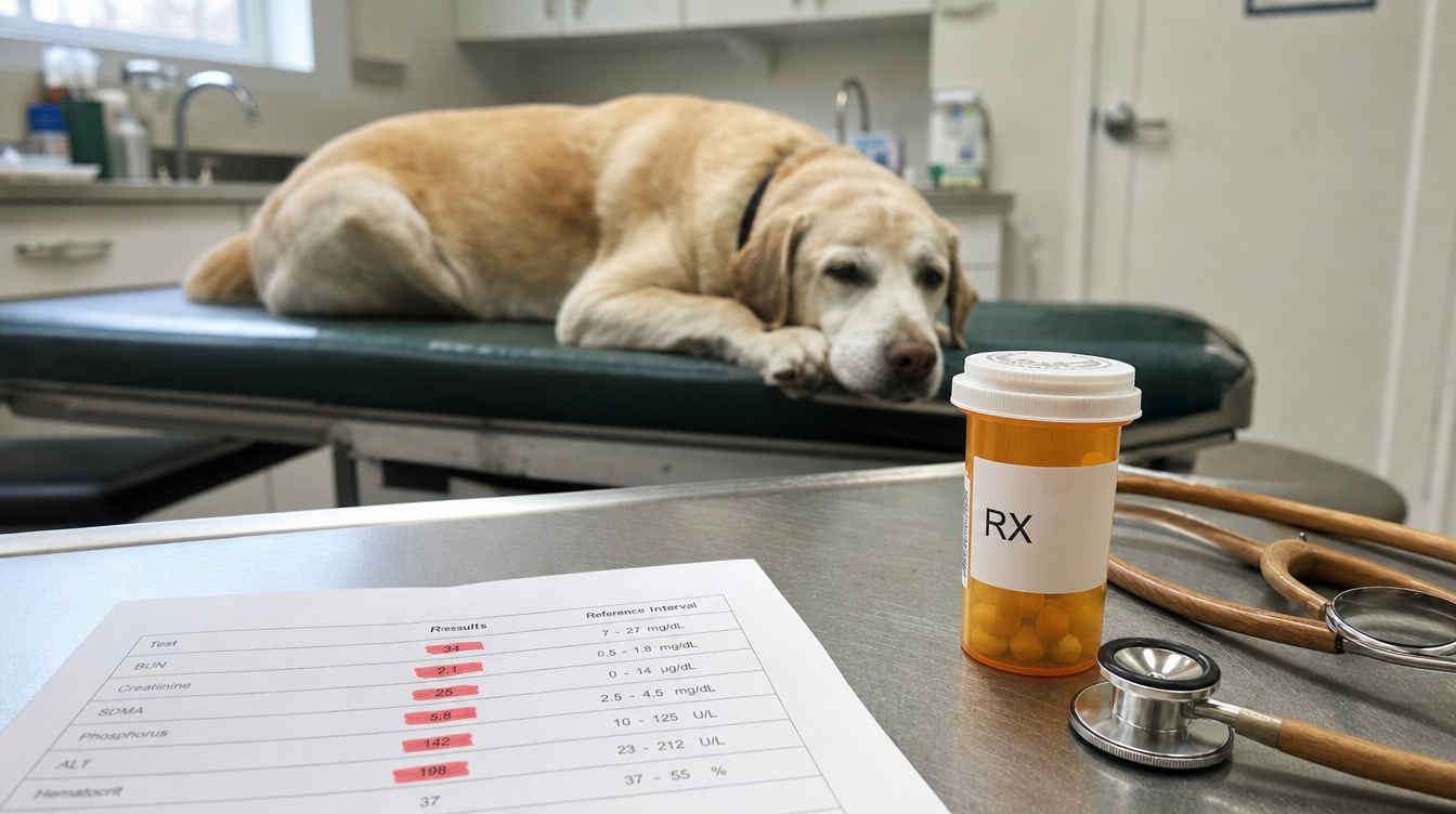 Senior Labrador in a veterinary exam room with prescription medication and bloodwork results